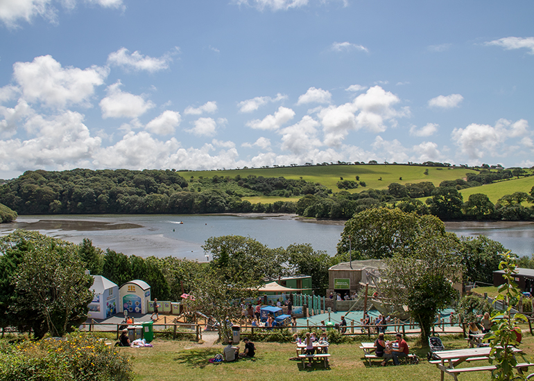 View across the playground, picnic area and Helford Estuary