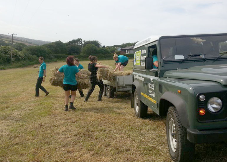 Some of the staff helping to get the hay onto the trailer